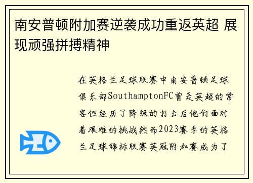南安普顿附加赛逆袭成功重返英超 展现顽强拼搏精神
